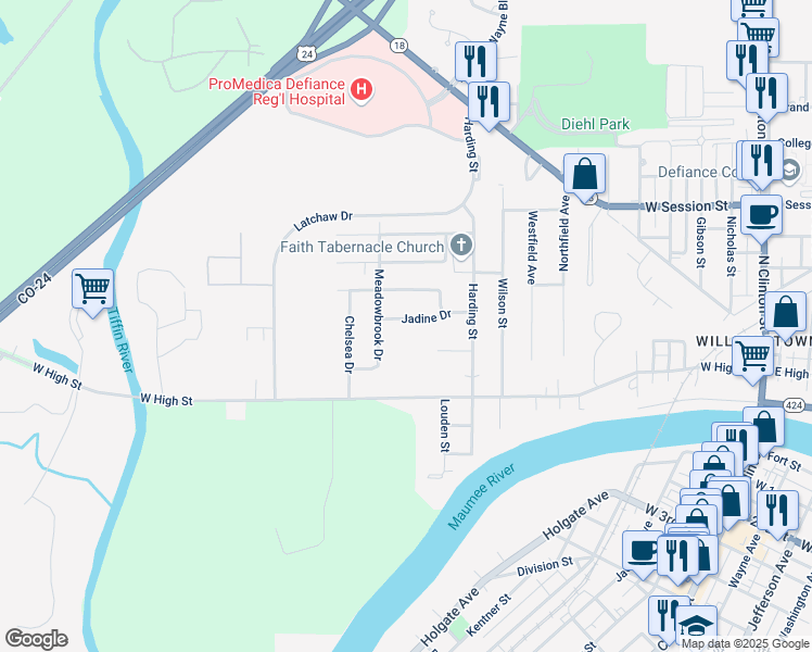 map of restaurants, bars, coffee shops, grocery stores, and more near 611 Jadine Drive in Defiance