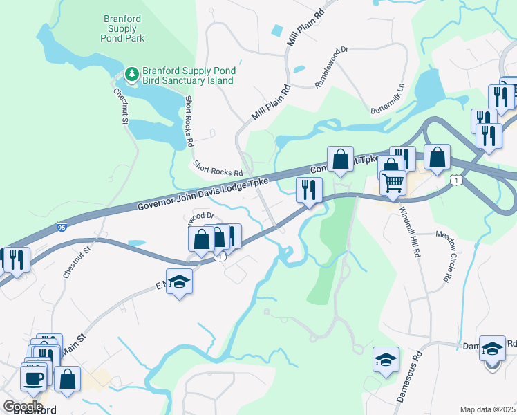 map of restaurants, bars, coffee shops, grocery stores, and more near 16 Mill Plain Road in Branford