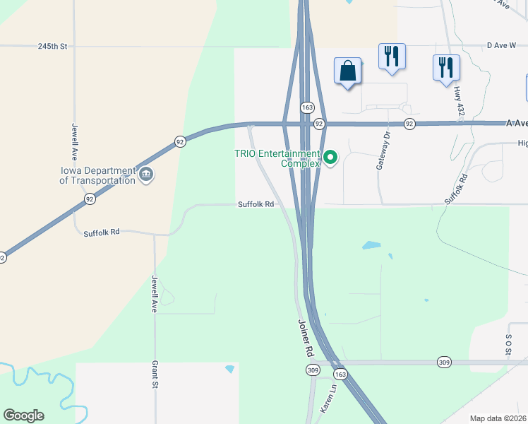 map of restaurants, bars, coffee shops, grocery stores, and more near 1946-2016 Suffolk Rd in Oskaloosa