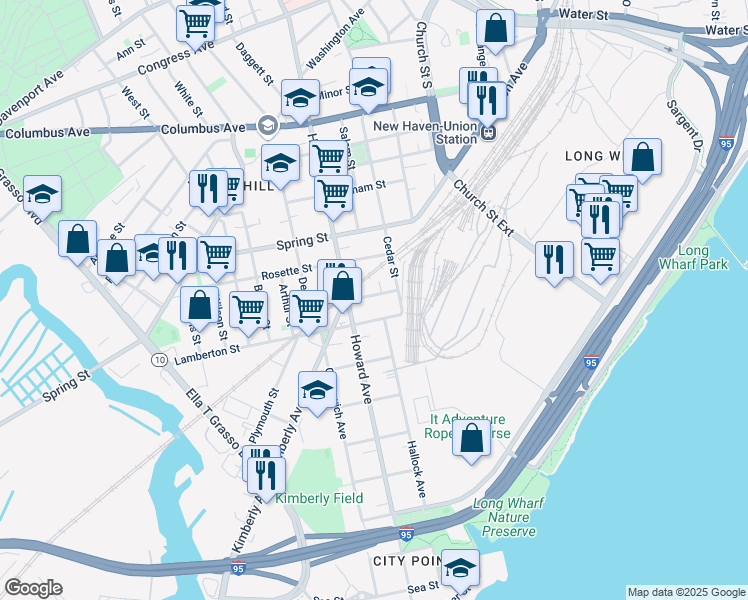 map of restaurants, bars, coffee shops, grocery stores, and more near 24 Cassius Street in New Haven