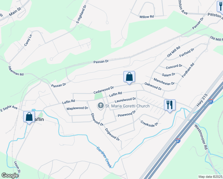 map of restaurants, bars, coffee shops, grocery stores, and more near 107 Cedarwood Drive in Wilkes-Barre