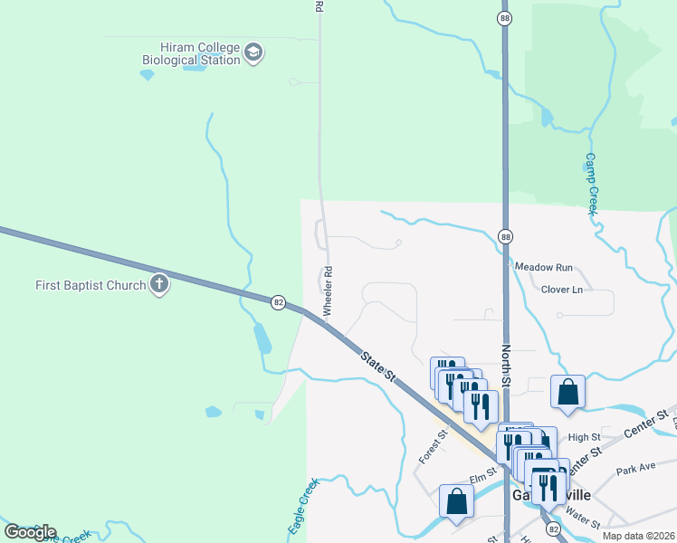 map of restaurants, bars, coffee shops, grocery stores, and more near 11024 Wheeler Rd in Garrettsville