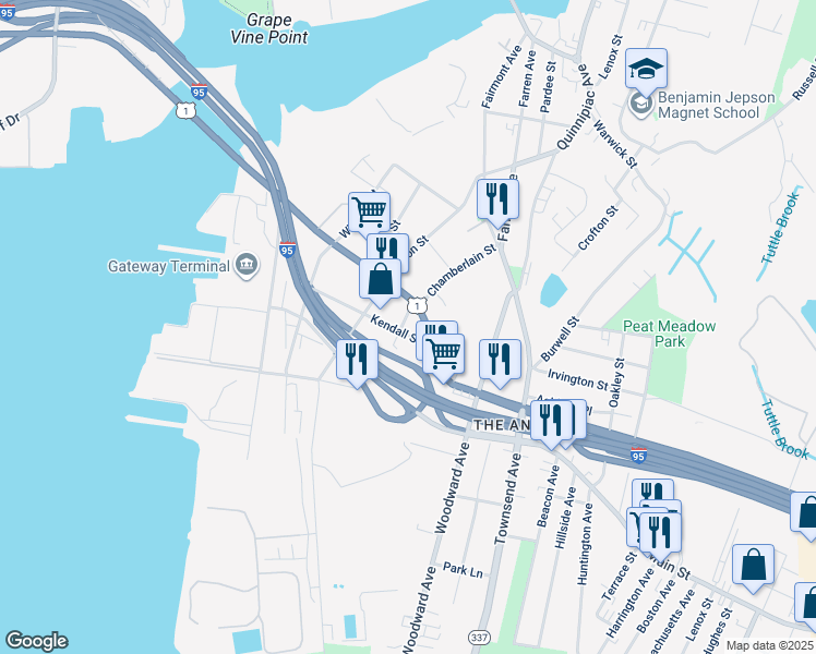 map of restaurants, bars, coffee shops, grocery stores, and more near 110 Kendall Street in New Haven