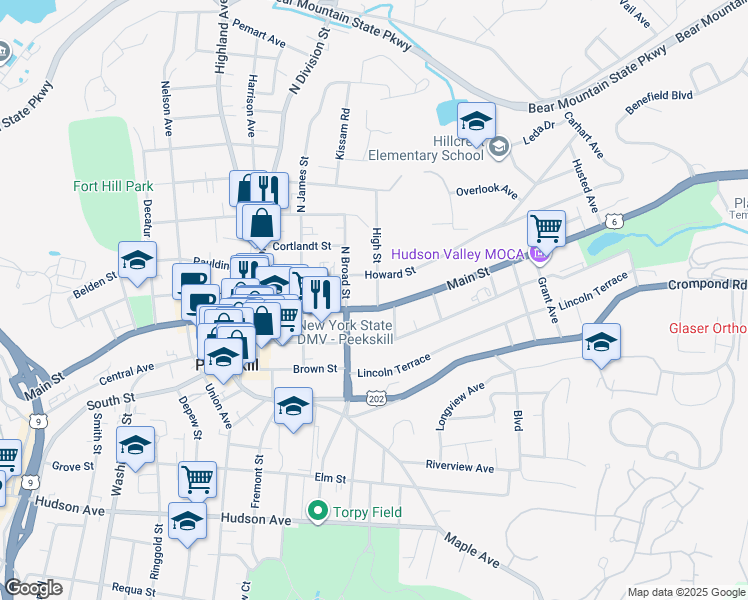 map of restaurants, bars, coffee shops, grocery stores, and more near 1222 Main Street in Peekskill