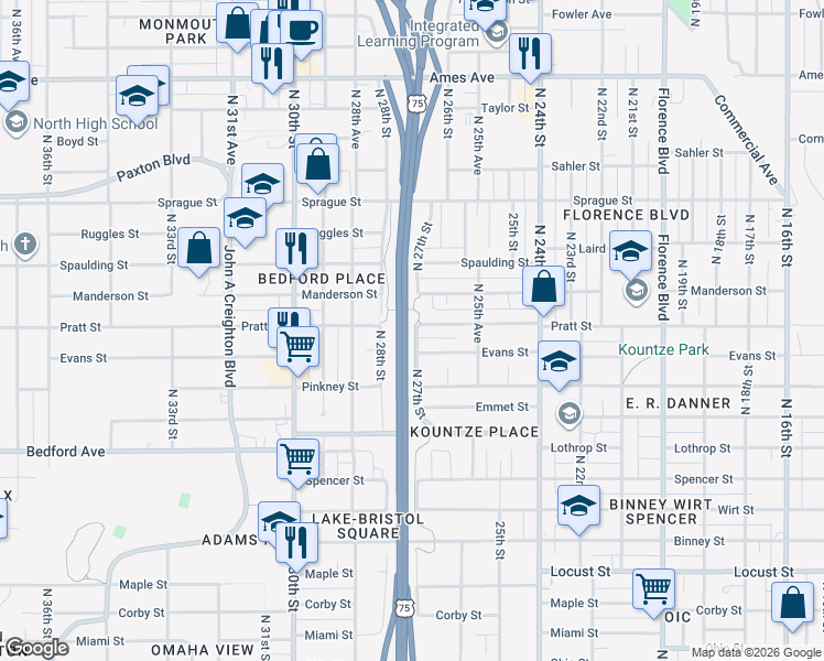 map of restaurants, bars, coffee shops, grocery stores, and more near 2723 Pratt Street in Omaha