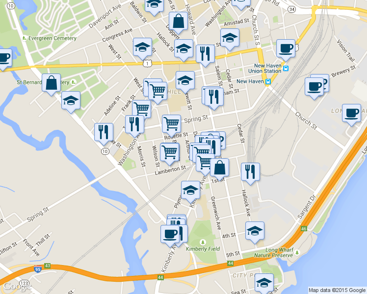 map of restaurants, bars, coffee shops, grocery stores, and more near 33 Button Street in New Haven
