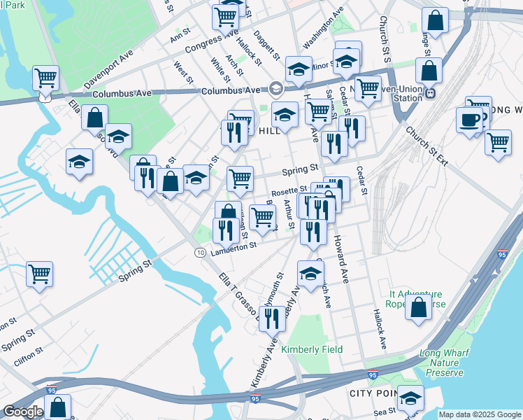 map of restaurants, bars, coffee shops, grocery stores, and more near 48 Hurlburt Street in New Haven