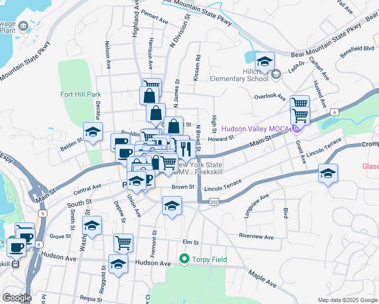 map of restaurants, bars, coffee shops, grocery stores, and more near 1138 Main Street in Peekskill