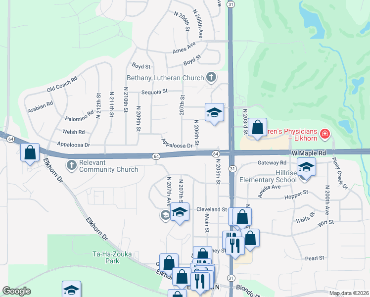 map of restaurants, bars, coffee shops, grocery stores, and more near 20705 Appaloosa Drive in Omaha