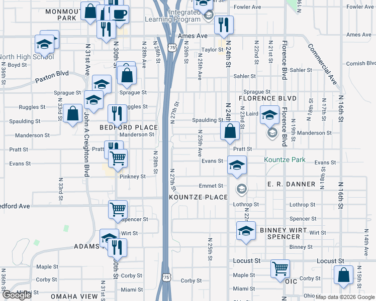 map of restaurants, bars, coffee shops, grocery stores, and more near 2569 Pratt Street in Omaha