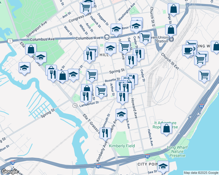 map of restaurants, bars, coffee shops, grocery stores, and more near 33 Button Street in New Haven