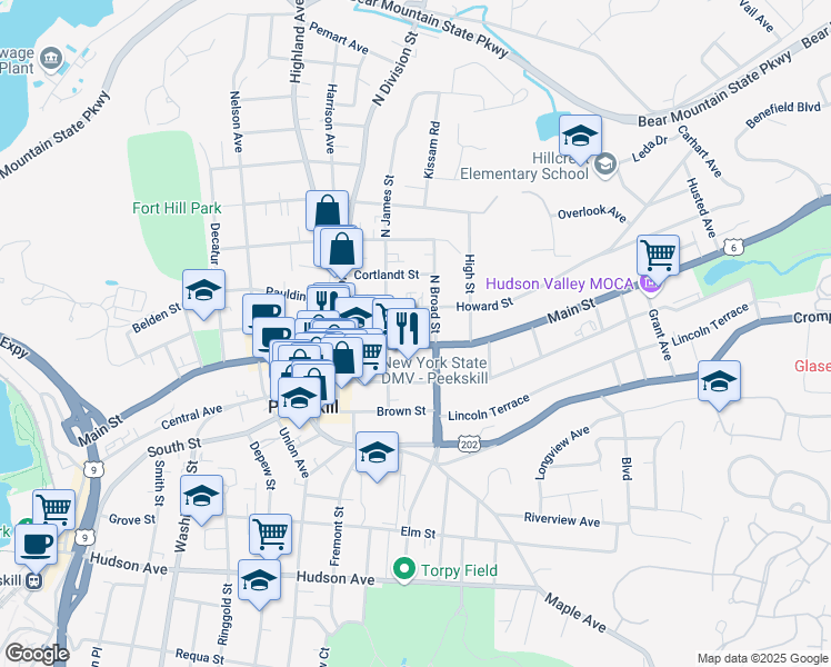 map of restaurants, bars, coffee shops, grocery stores, and more near 1138 Main Street in Peekskill