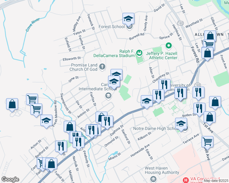 map of restaurants, bars, coffee shops, grocery stores, and more near 2 Tetlow Street in West Haven