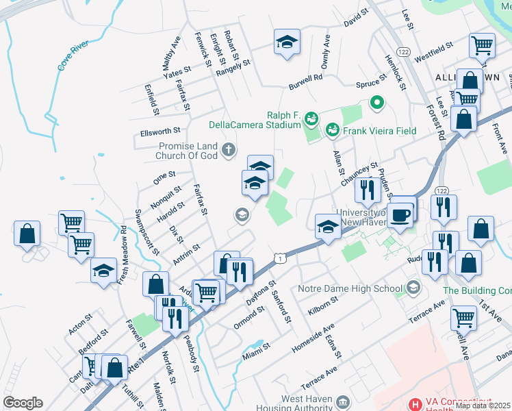 map of restaurants, bars, coffee shops, grocery stores, and more near 2 Tetlow Street in West Haven