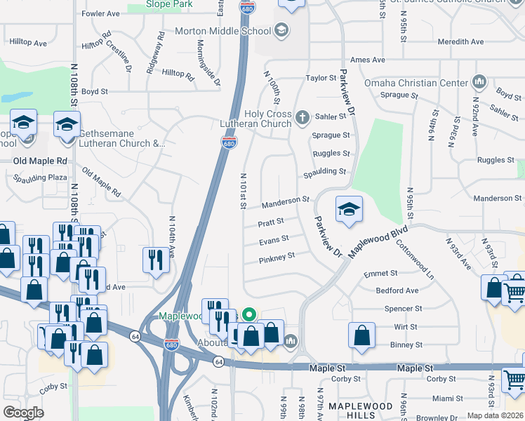 map of restaurants, bars, coffee shops, grocery stores, and more near 10012 Pratt Street in Omaha
