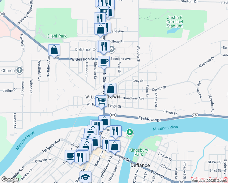 map of restaurants, bars, coffee shops, grocery stores, and more near 140 Broadway Avenue in Defiance