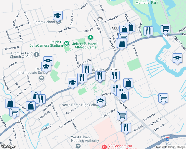 map of restaurants, bars, coffee shops, grocery stores, and more near 300 Boston Post Road in West Haven