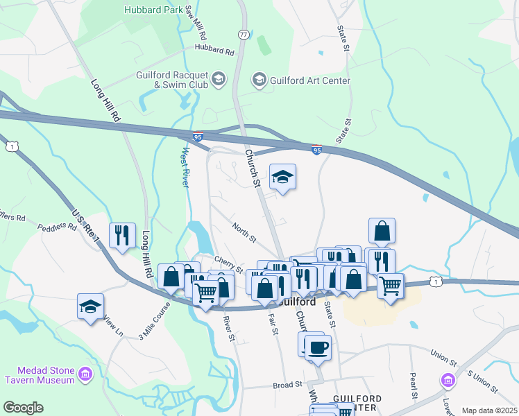 map of restaurants, bars, coffee shops, grocery stores, and more near 303 Church Street in Guilford