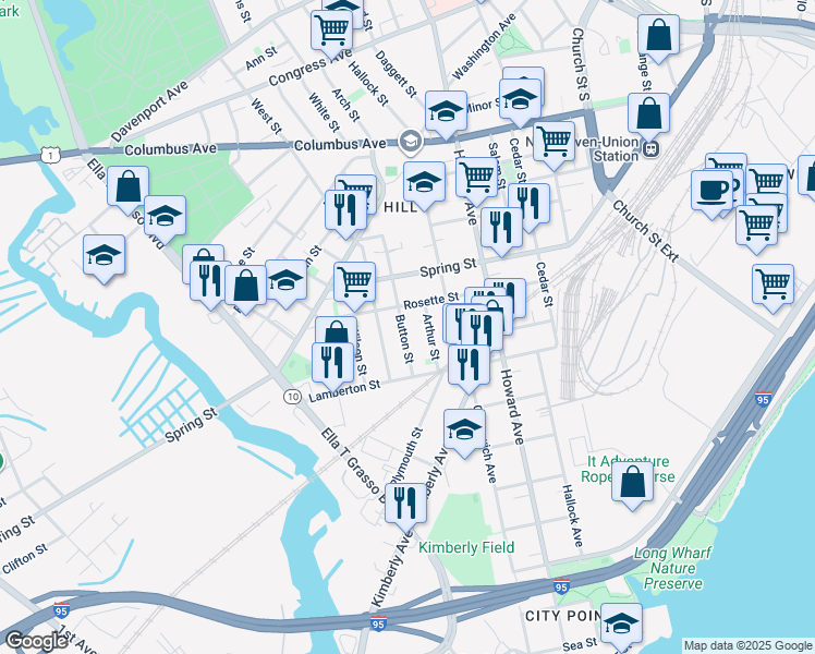 map of restaurants, bars, coffee shops, grocery stores, and more near 33 Button Street in New Haven