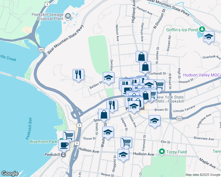 map of restaurants, bars, coffee shops, grocery stores, and more near 122 Hadden Street in Peekskill