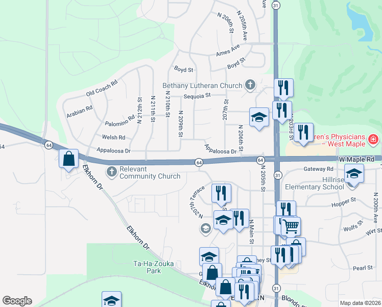 map of restaurants, bars, coffee shops, grocery stores, and more near 20800 West Maple Road in Omaha