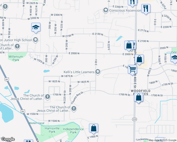 map of restaurants, bars, coffee shops, grocery stores, and more near 108 West 1875 North in North Ogden