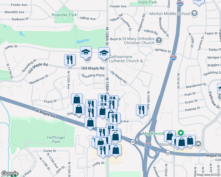 map of restaurants, bars, coffee shops, grocery stores, and more near 3705 North 108th Street in Omaha