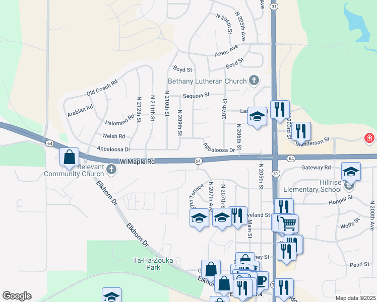 map of restaurants, bars, coffee shops, grocery stores, and more near 20800 West Maple Road in Omaha