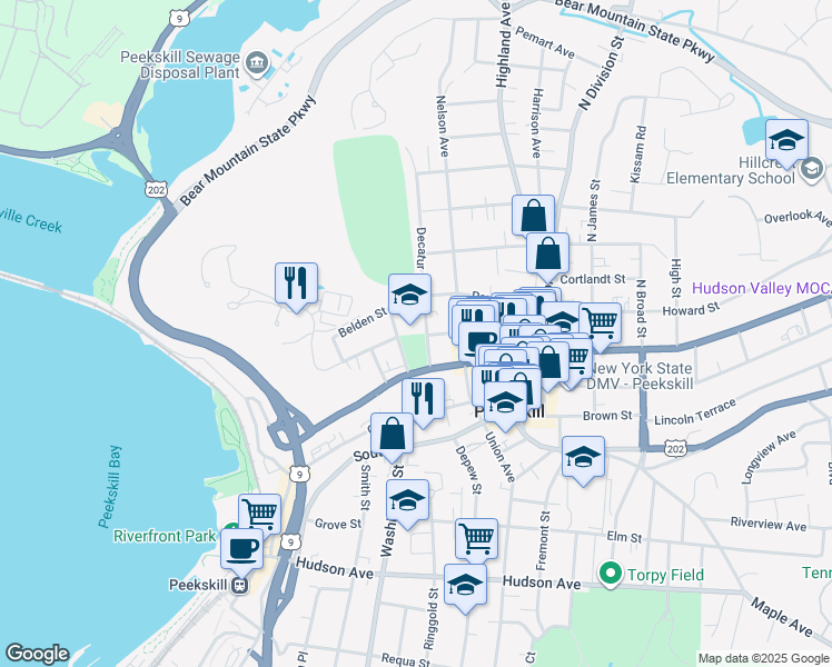 map of restaurants, bars, coffee shops, grocery stores, and more near 122 Hadden Street in Peekskill