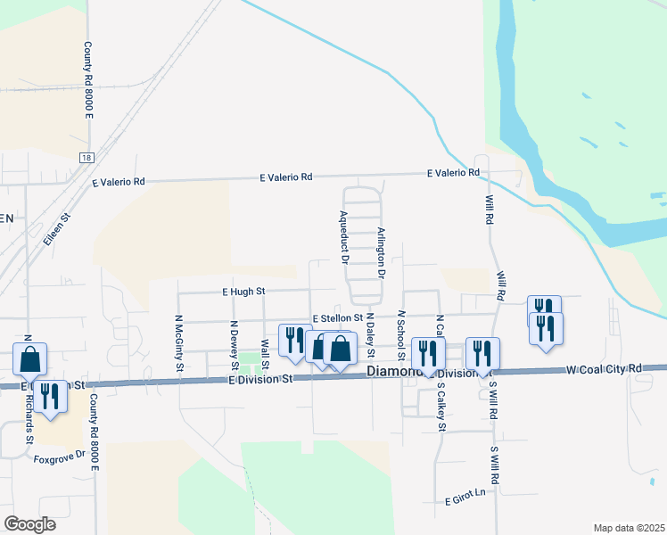 map of restaurants, bars, coffee shops, grocery stores, and more near 2090 East Hugh Street in Diamond