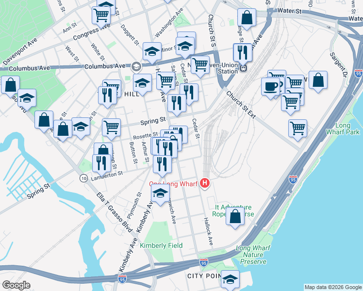 map of restaurants, bars, coffee shops, grocery stores, and more near 24 Cassius Street in New Haven