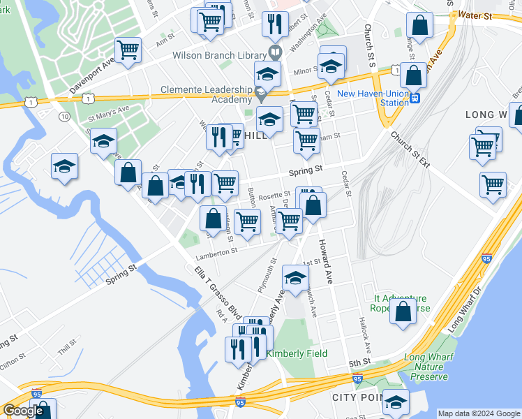 map of restaurants, bars, coffee shops, grocery stores, and more near 33 Button Street in New Haven
