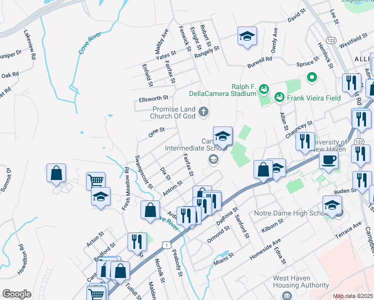 map of restaurants, bars, coffee shops, grocery stores, and more near 117 Fairfax Street in West Haven