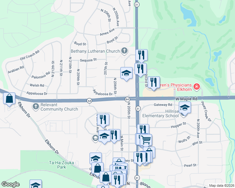 map of restaurants, bars, coffee shops, grocery stores, and more near 3801 North 206th Street in Omaha