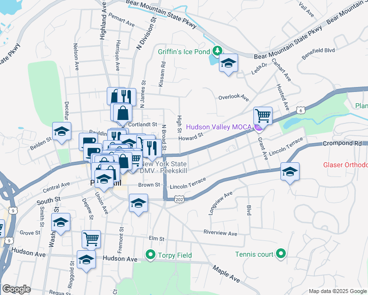 map of restaurants, bars, coffee shops, grocery stores, and more near 115 High Street in Peekskill