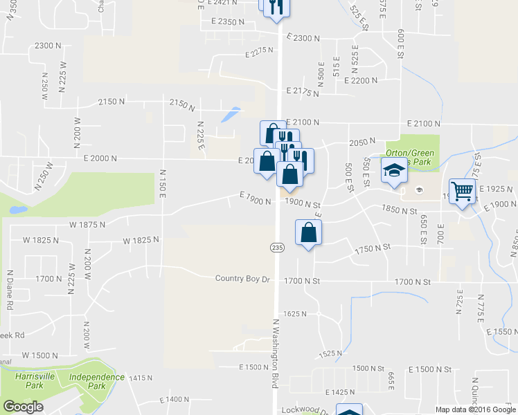 map of restaurants, bars, coffee shops, grocery stores, and more near 385 E 1900 N in North Ogden