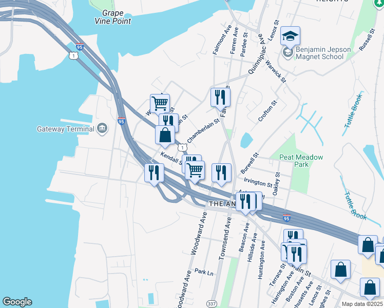 map of restaurants, bars, coffee shops, grocery stores, and more near 324 Forbes Avenue in New Haven