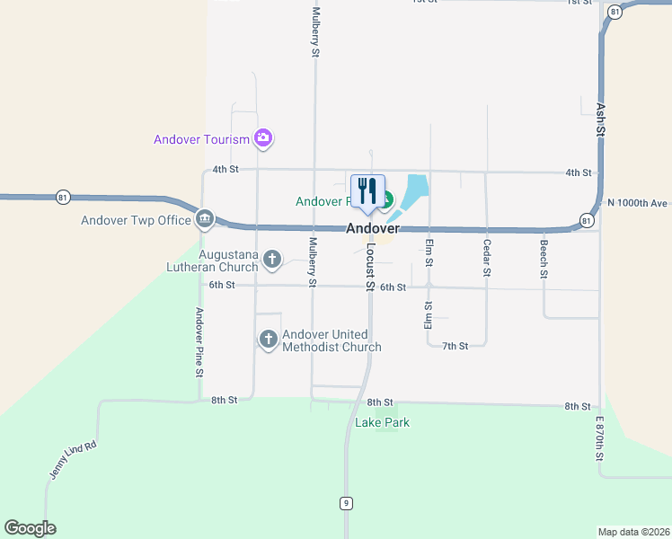 map of restaurants, bars, coffee shops, grocery stores, and more near 528 6th Street in Andover