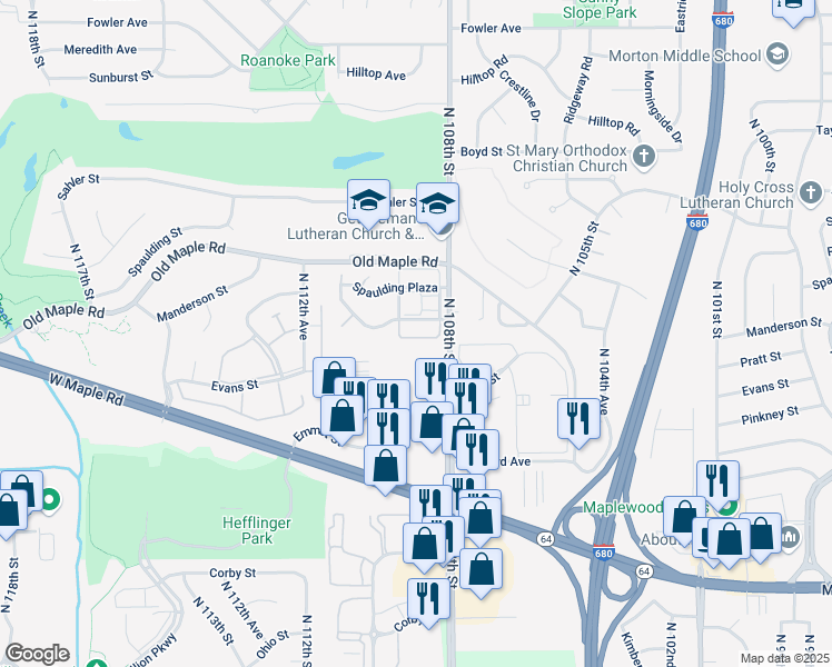map of restaurants, bars, coffee shops, grocery stores, and more near 10808 Pratt Plaza in Omaha