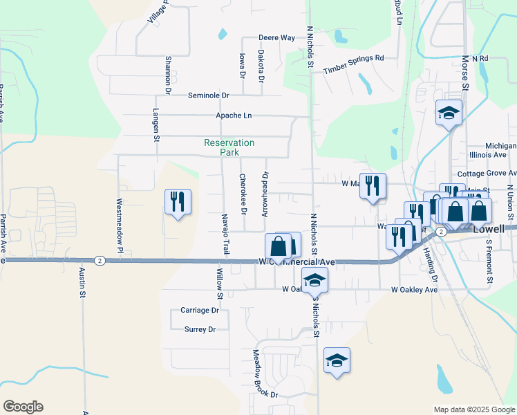map of restaurants, bars, coffee shops, grocery stores, and more near 227 Arrowhead Drive in Lowell