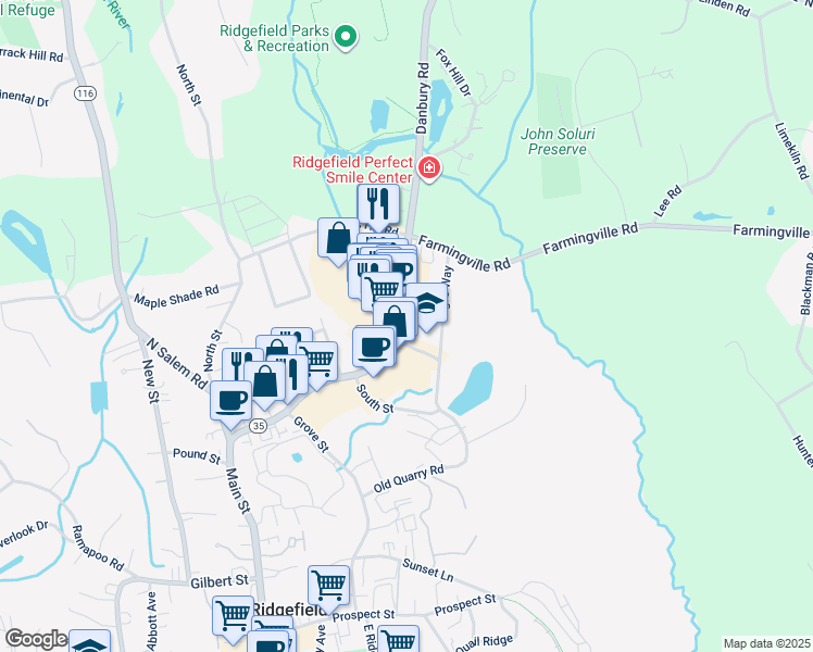 map of restaurants, bars, coffee shops, grocery stores, and more near 100 Danbury Road in Ridgefield