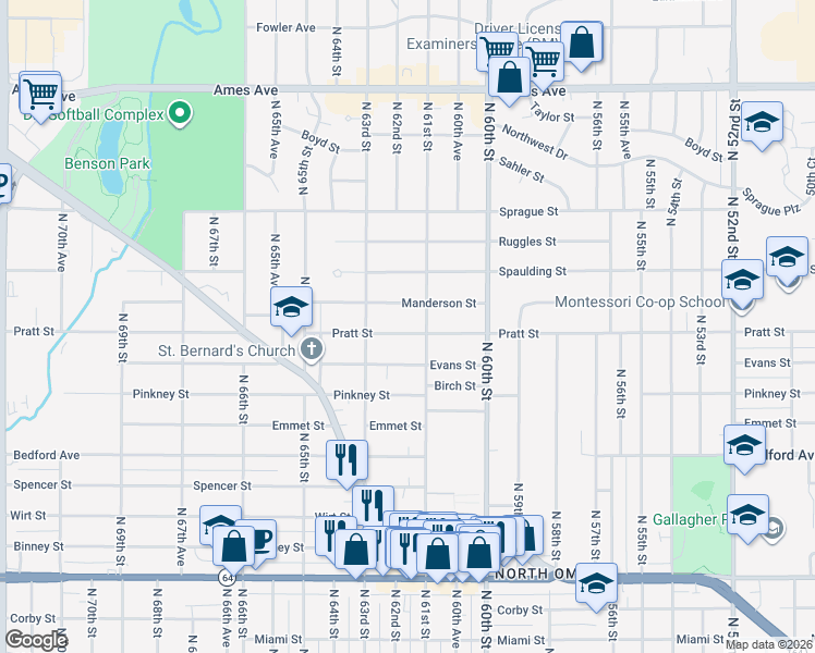 map of restaurants, bars, coffee shops, grocery stores, and more near 3616 North 61st Street in Omaha