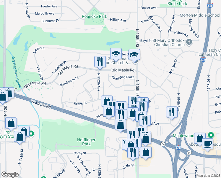 map of restaurants, bars, coffee shops, grocery stores, and more near 3705 North 111th Plaza in Omaha