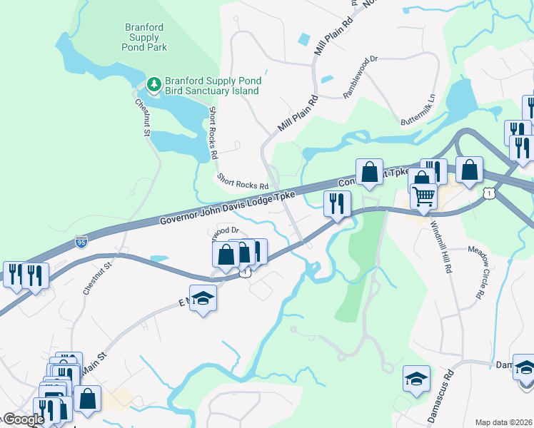 map of restaurants, bars, coffee shops, grocery stores, and more near 24 Mill Plain Road in Branford