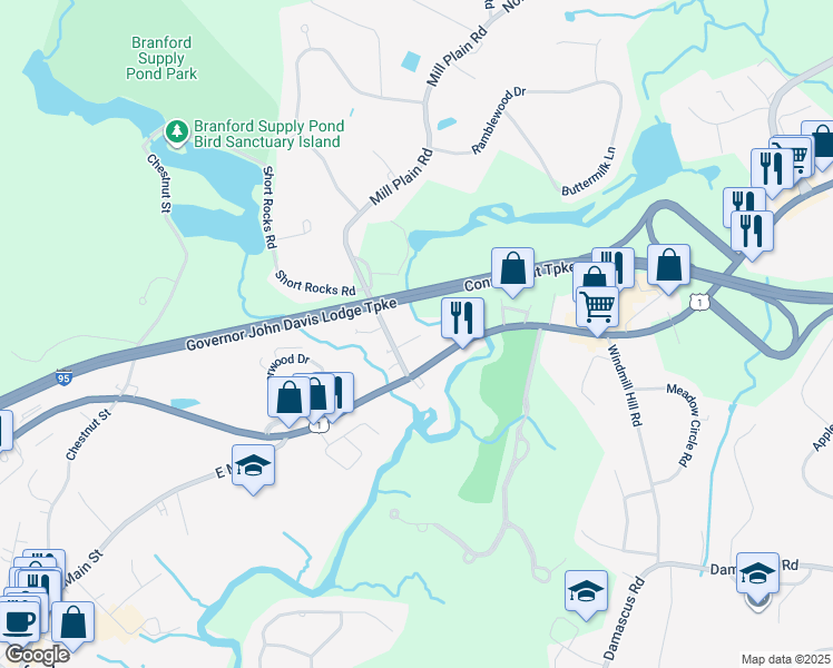 map of restaurants, bars, coffee shops, grocery stores, and more near 278 East Main Street in Branford