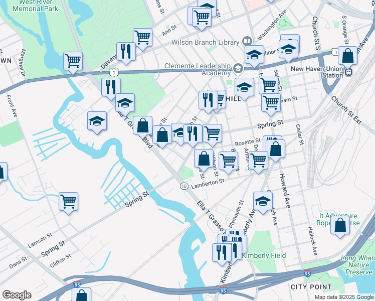 map of restaurants, bars, coffee shops, grocery stores, and more near in New Haven