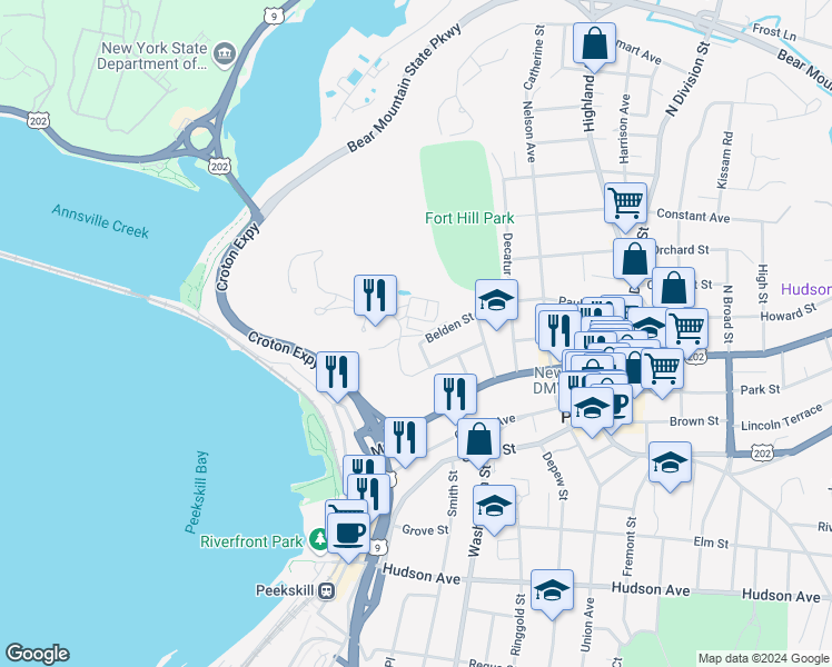 map of restaurants, bars, coffee shops, grocery stores, and more near 212 Saint Marys Street in Peekskill
