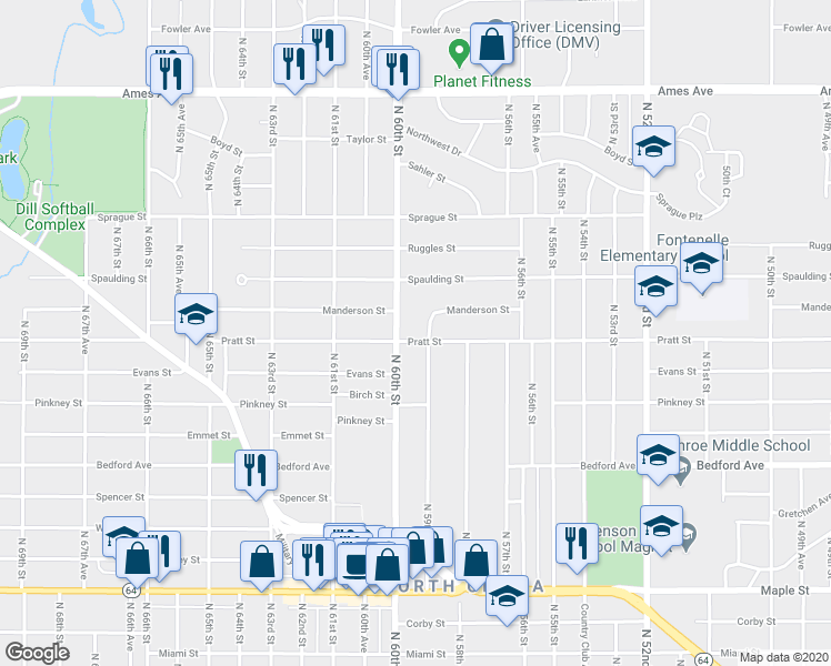 map of restaurants, bars, coffee shops, grocery stores, and more near 3623 North 60th Street in Omaha