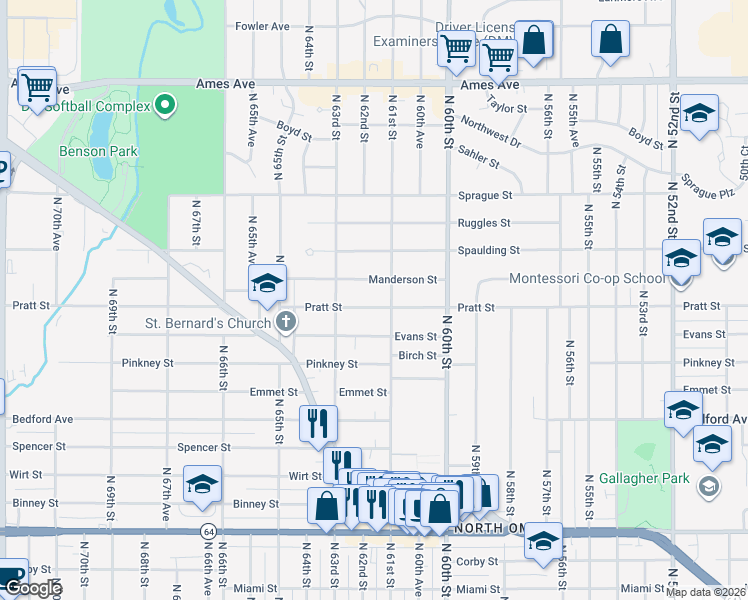 map of restaurants, bars, coffee shops, grocery stores, and more near 3616 North 61st Street in Omaha
