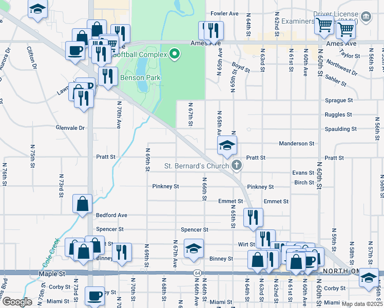 map of restaurants, bars, coffee shops, grocery stores, and more near 6613 Pratt Street in Omaha